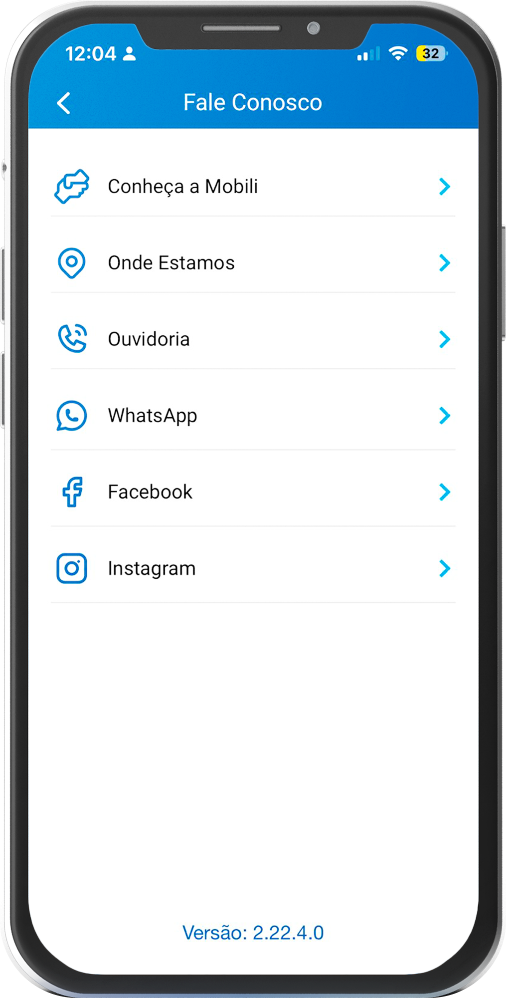 Tela fale conosco do app Mobili