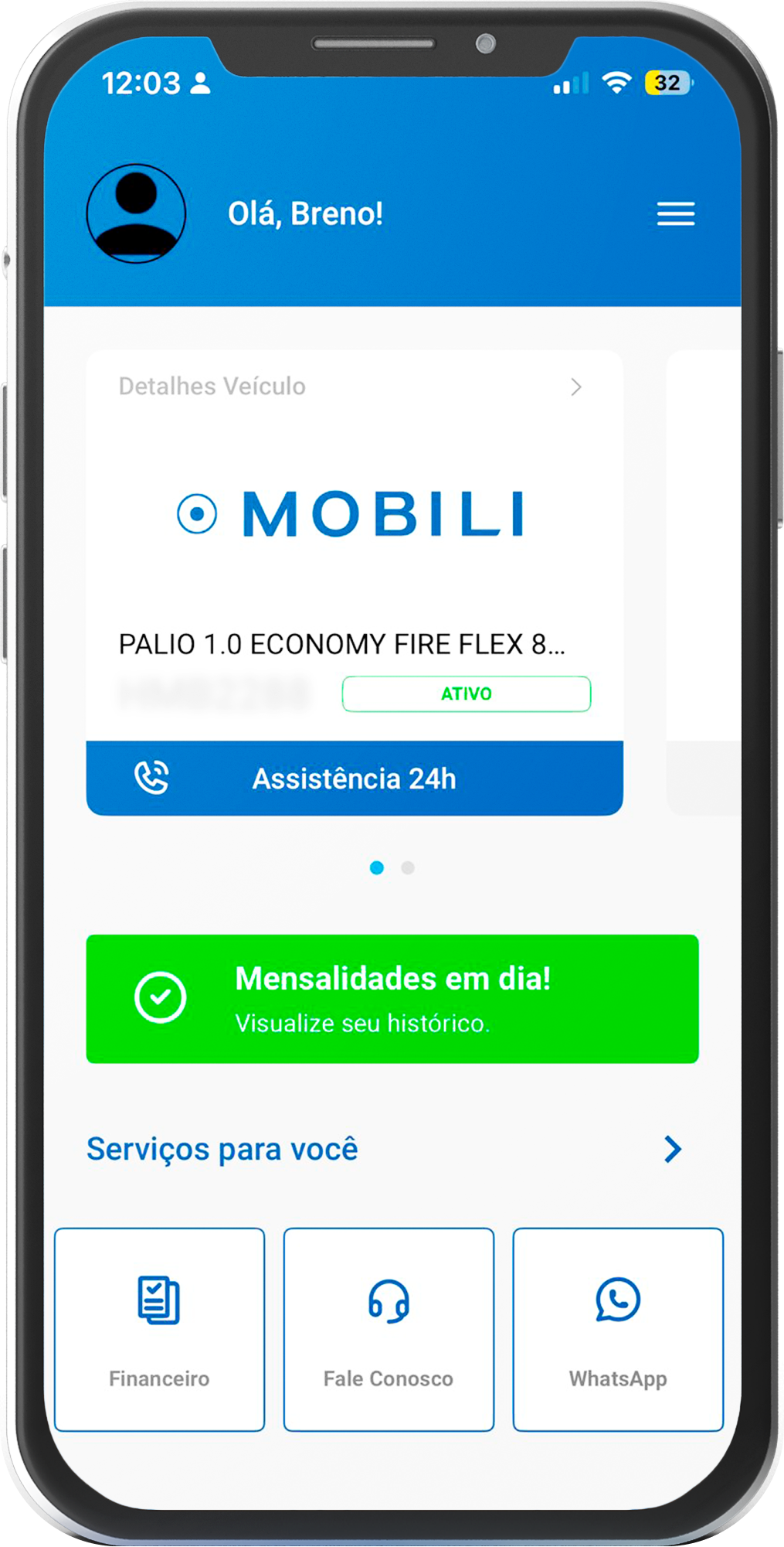 Tela inicial do app Mobili com veículo ativo e serviços