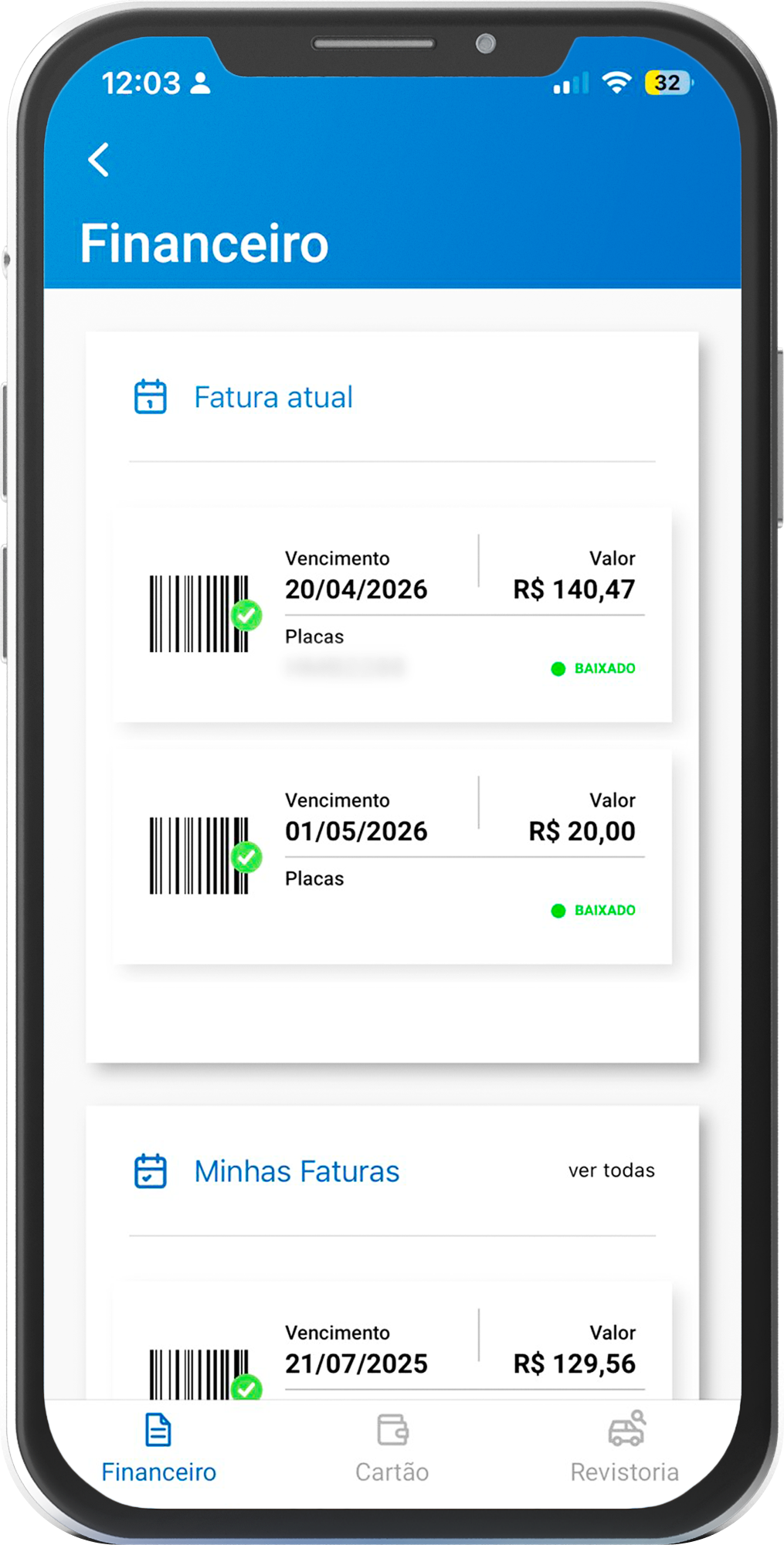 Tela financeiro do app Mobili com faturas e boletos